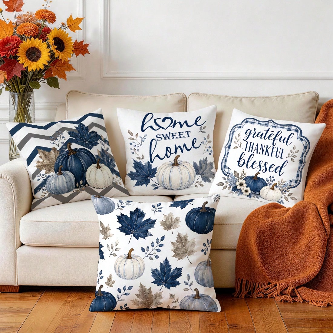 4pcs/1pc Blue Pumpkin Maple Leaf Thanksgiving Pattern Pillow Covers, Single-Sided Printed Pillow Covers, Suitable For Living Room Bedroom Home Decor, All Season Pillow Covers