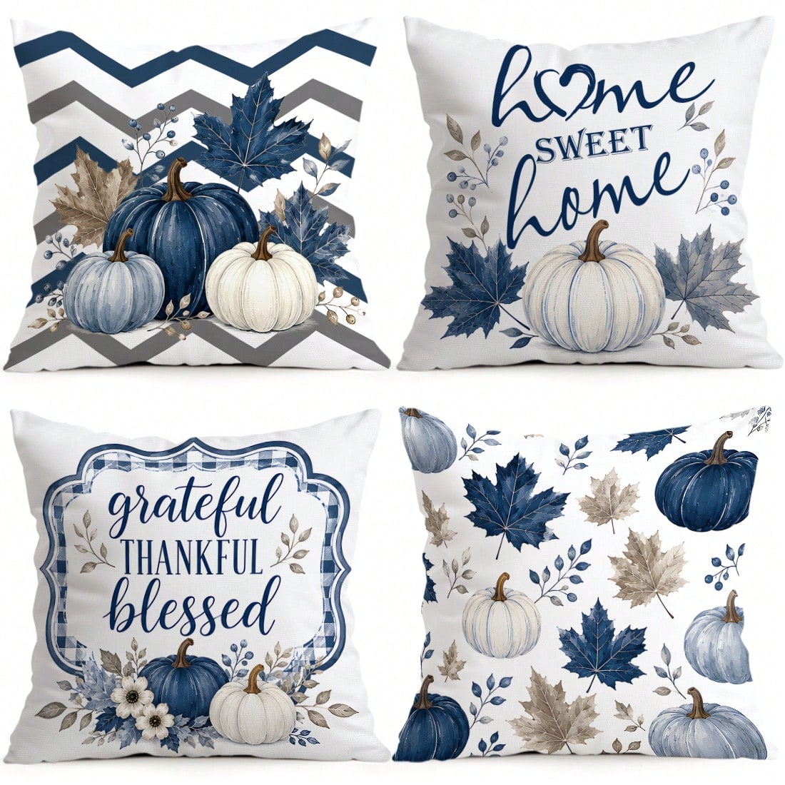 4pcs/1pc Blue Pumpkin Maple Leaf Thanksgiving Pattern Pillow Covers, Single-Sided Printed Pillow Covers, Suitable For Living Room Bedroom Home Decor, All Season Pillow Covers