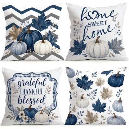 4pcs/1pc Blue Pumpkin Maple Leaf Thanksgiving Pattern Pillow Covers, Single-Sided Printed Pillow Covers, Suitable For Living Room Bedroom Home Decor, All Season Pillow Covers