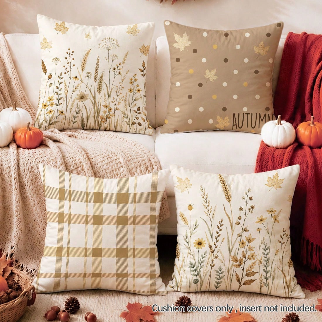 4pcs Autumn Dried Flower Wheat Ear Plaid Polka Dot Pattern Cushion Covers, Single-Sided Printed Skin-Friendly Peach Skin Velvet Material, 45*45CM Pillow Covers Suitable For Home Bedroom Living Room Ro