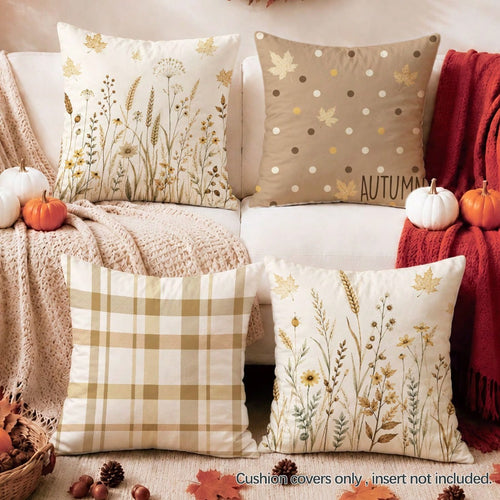 4pcs Autumn Dried Flower Wheat Ear Plaid Polka Dot Pattern Cushion Covers, Single-Sided Printed Skin-Friendly Peach Skin Velvet Material, 45*45CM Pillow Covers Suitable For Home Bedroom Living Room Ro