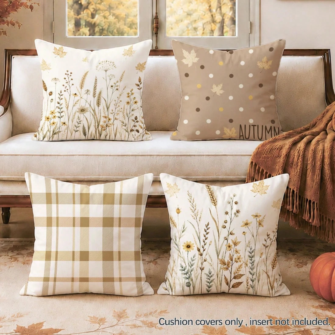 4pcs Autumn Dried Flower Wheat Ear Plaid Polka Dot Pattern Cushion Covers, Single-Sided Printed Skin-Friendly Peach Skin Velvet Material, 45*45CM Pillow Covers Suitable For Home Bedroom Living Room Ro