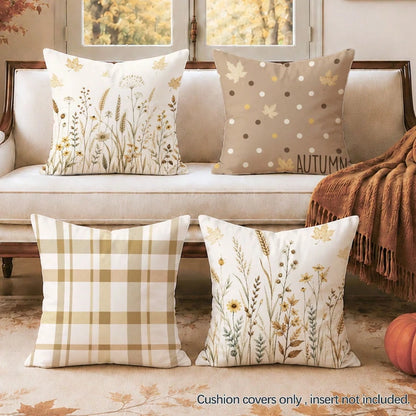 4pcs Autumn Dried Flower Wheat Ear Plaid Polka Dot Pattern Cushion Covers, Single-Sided Printed Skin-Friendly Peach Skin Velvet Material, 45*45CM Pillow Covers Suitable For Home Bedroom Living Room Ro