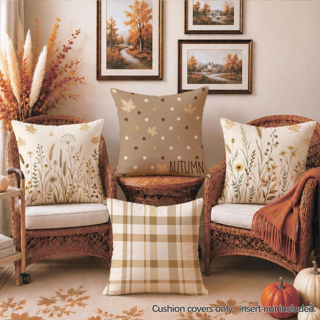 4pcs Autumn Dried Flower Wheat Ear Plaid Polka Dot Pattern Cushion Covers, Single-Sided Printed Skin-Friendly Peach Skin Velvet Material, 45*45CM Pillow Covers Suitable For Home Bedroom Living Room Ro