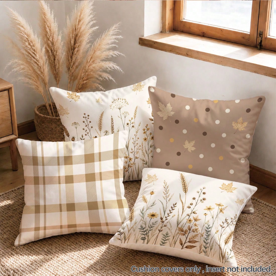 4pcs Autumn Dried Flower Wheat Ear Plaid Polka Dot Pattern Cushion Covers, Single-Sided Printed Skin-Friendly Peach Skin Velvet Material, 45*45CM Pillow Covers Suitable For Home Bedroom Living Room Ro