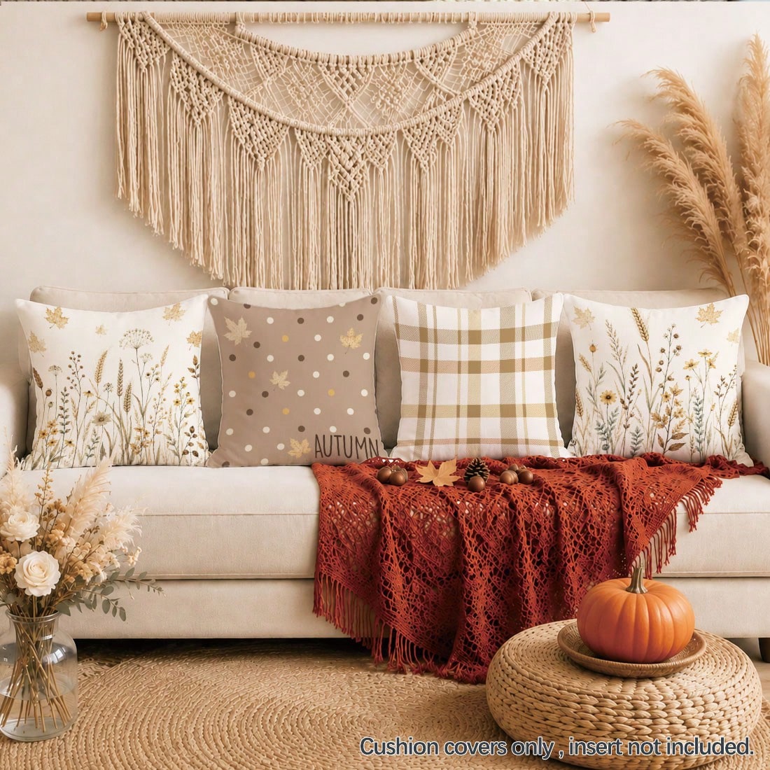 4pcs Autumn Dried Flower Wheat Ear Plaid Polka Dot Pattern Cushion Covers, Single-Sided Printed Skin-Friendly Peach Skin Velvet Material, 45*45CM Pillow Covers Suitable For Home Bedroom Living Room Ro