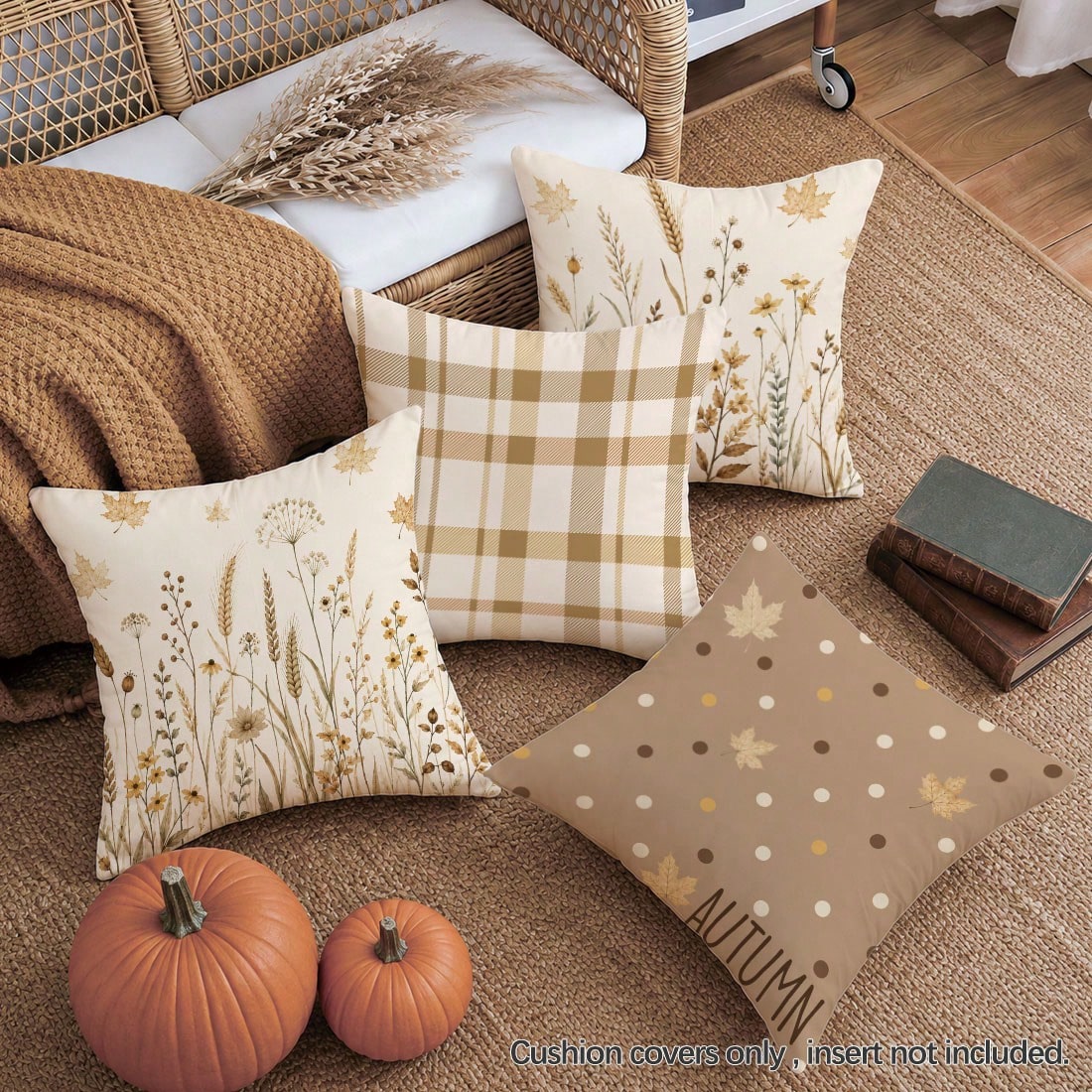 4pcs Autumn Dried Flower Wheat Ear Plaid Polka Dot Pattern Cushion Covers, Single-Sided Printed Skin-Friendly Peach Skin Velvet Material, 45*45CM Pillow Covers Suitable For Home Bedroom Living Room Ro