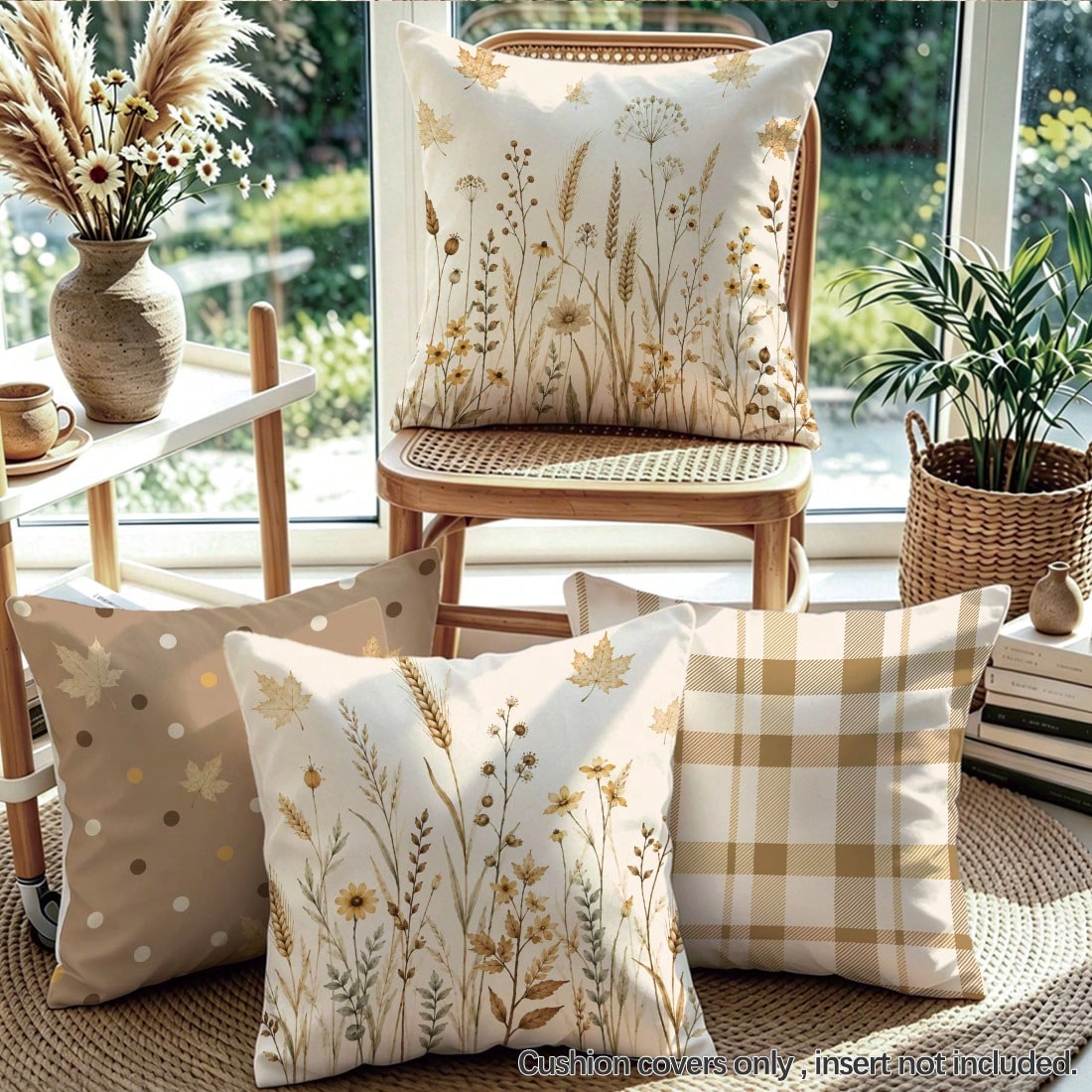 4pcs Autumn Dried Flower Wheat Ear Plaid Polka Dot Pattern Cushion Covers, Single-Sided Printed Skin-Friendly Peach Skin Velvet Material, 45*45CM Pillow Covers Suitable For Home Bedroom Living Room Ro