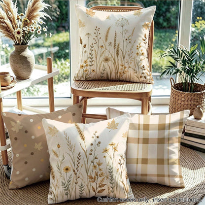 4pcs Autumn Dried Flower Wheat Ear Plaid Polka Dot Pattern Cushion Covers, Single-Sided Printed Skin-Friendly Peach Skin Velvet Material, 45*45CM Pillow Covers Suitable For Home Bedroom Living Room Ro
