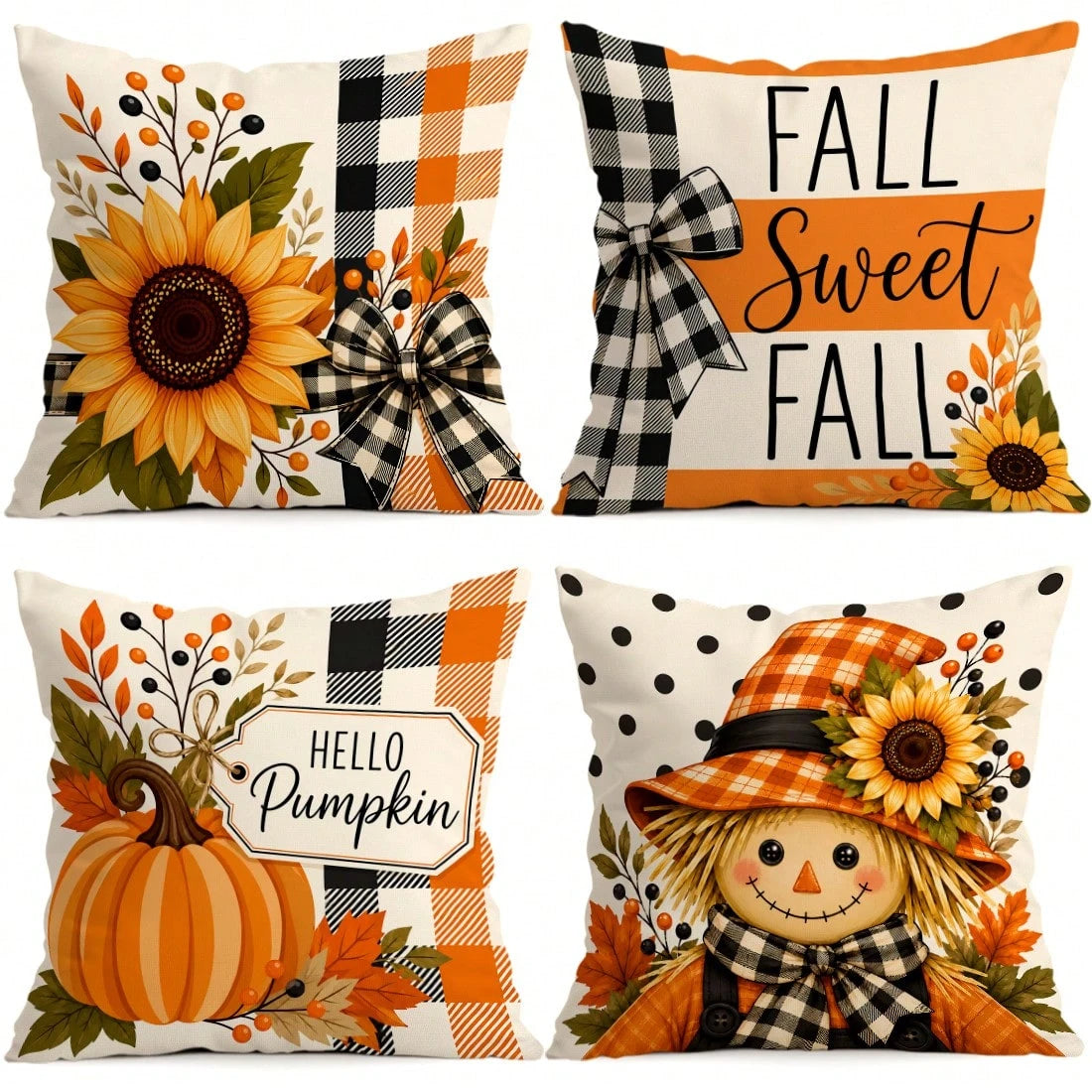4pcs Autumn Plaid Pumpkin Themed Pillow Covers, Single-Sided Printed Pillow Covers, Suitable For Living Room Bedroom Home Decor, All Season Pillow Covers