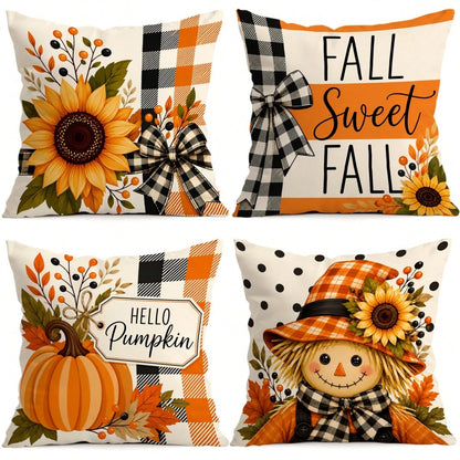 4pcs Autumn Plaid Pumpkin Themed Pillow Covers, Single-Sided Printed Pillow Covers, Suitable For Living Room Bedroom Home Decor, All Season Pillow Covers