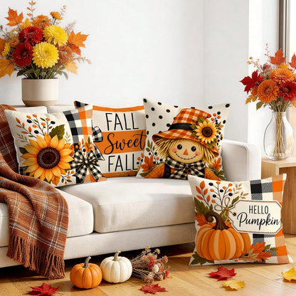 4pcs Autumn Plaid Pumpkin Themed Pillow Covers, Single-Sided Printed Pillow Covers, Suitable For Living Room Bedroom Home Decor, All Season Pillow Covers