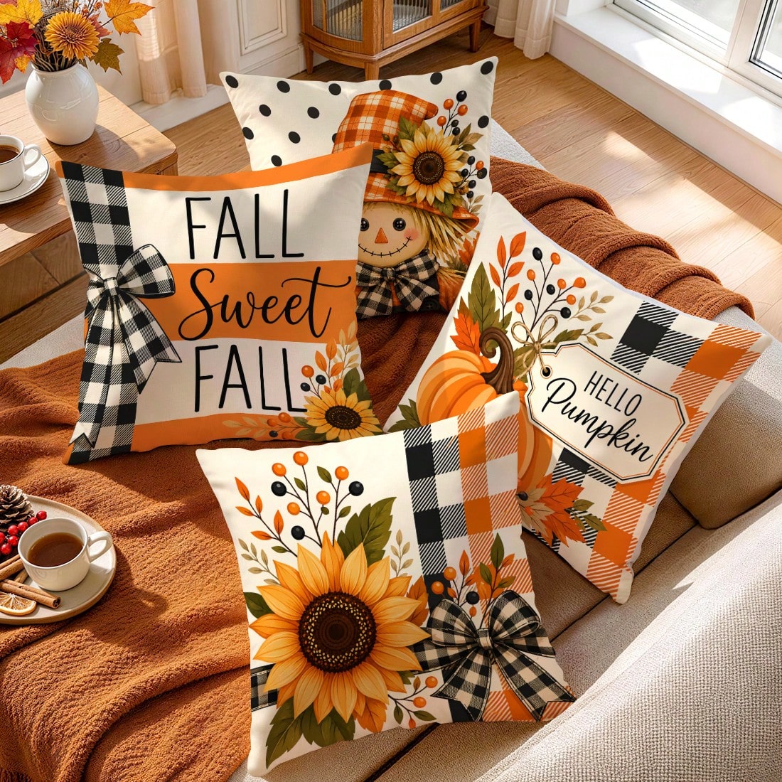 4pcs Autumn Plaid Pumpkin Themed Pillow Covers, Single-Sided Printed Pillow Covers, Suitable For Living Room Bedroom Home Decor, All Season Pillow Covers