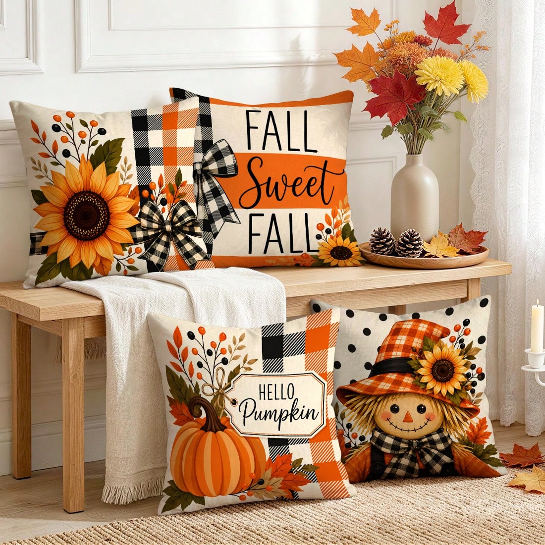 4pcs Autumn Plaid Pumpkin Themed Pillow Covers, Single-Sided Printed Pillow Covers, Suitable For Living Room Bedroom Home Decor, All Season Pillow Covers