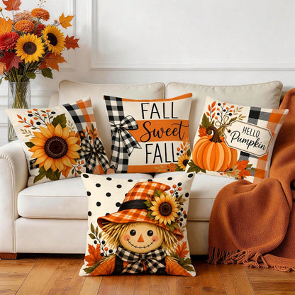 4pcs Autumn Plaid Pumpkin Themed Pillow Covers, Single-Sided Printed Pillow Covers, Suitable For Living Room Bedroom Home Decor, All Season Pillow Covers