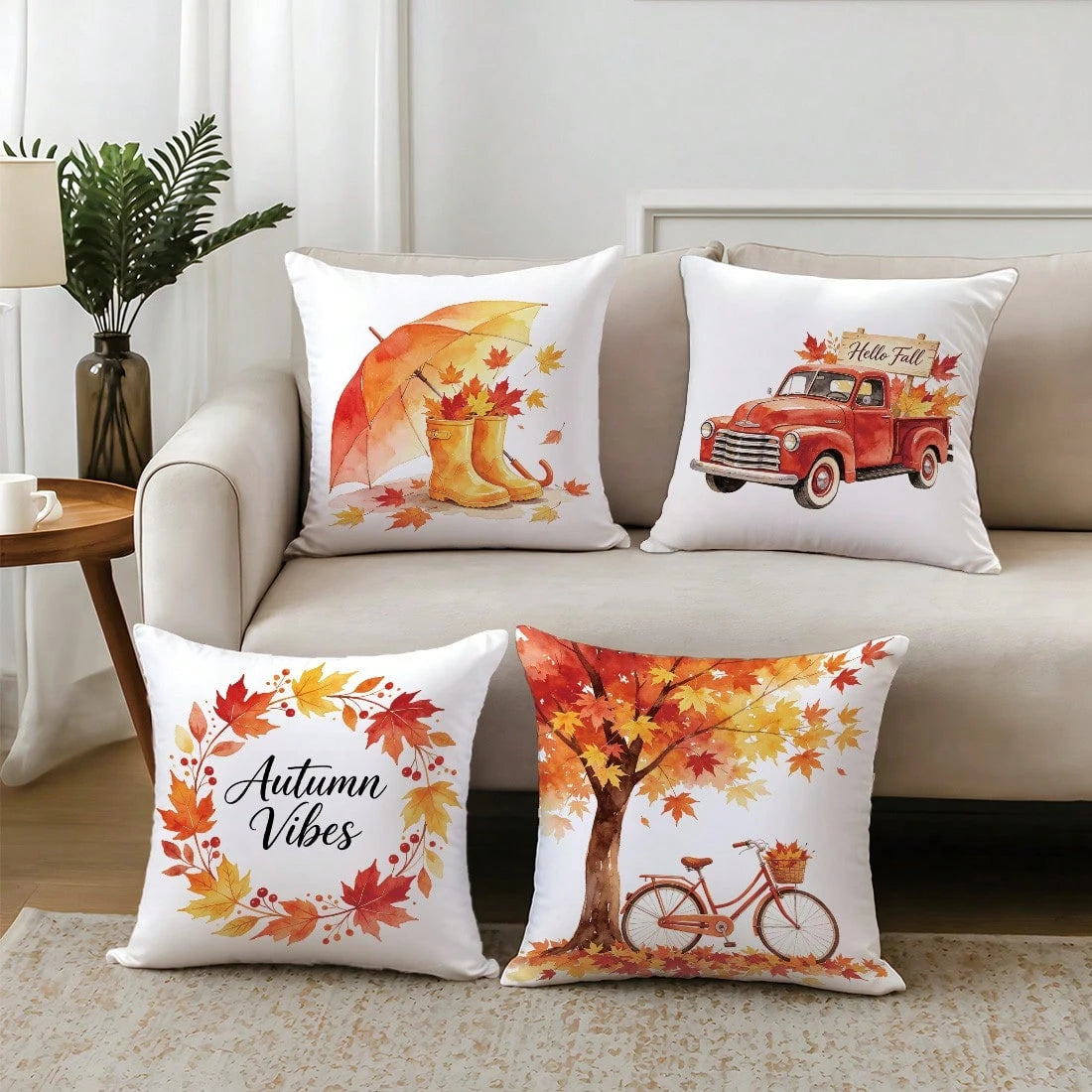 4pcs Autumn Watercolor Maple Leaf Theme Pillow Covers, Single-Sided Printed Skin-Friendly Peach Skin Velvet Material, 45*45CM Cushion Covers Suitable For Home Bedroom Living Room Room Party Decoration