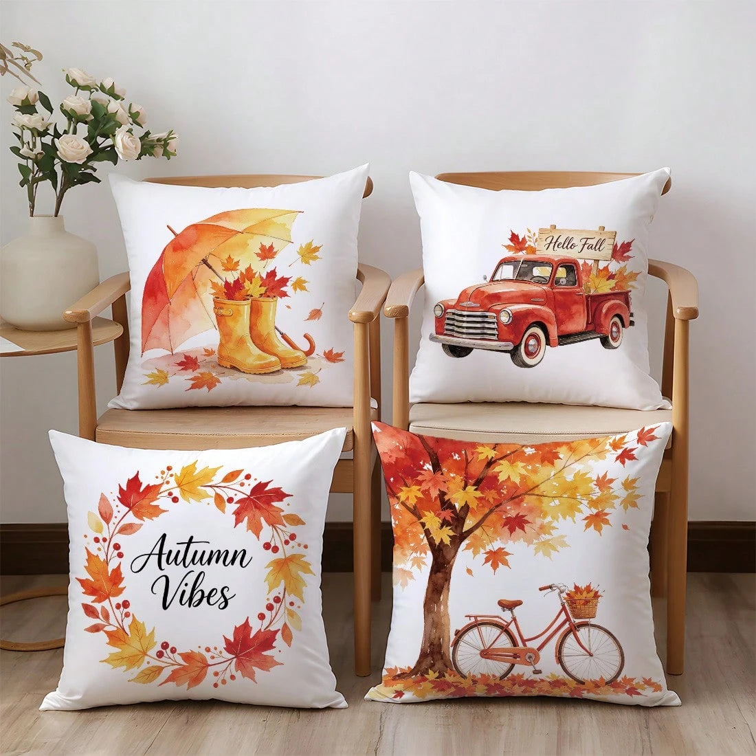 4pcs Autumn Watercolor Maple Leaf Theme Pillow Covers, Single-Sided Printed Skin-Friendly Peach Skin Velvet Material, 45*45CM Cushion Covers Suitable For Home Bedroom Living Room Room Party Decoration