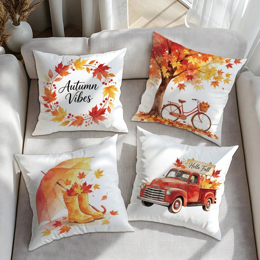 4pcs Autumn Watercolor Maple Leaf Theme Pillow Covers, Single-Sided Printed Skin-Friendly Peach Skin Velvet Material, 45*45CM Cushion Covers Suitable For Home Bedroom Living Room Room Party Decoration