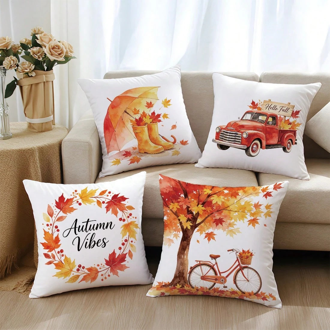 4pcs Autumn Watercolor Maple Leaf Theme Pillow Covers, Single-Sided Printed Skin-Friendly Peach Skin Velvet Material, 45*45CM Cushion Covers Suitable For Home Bedroom Living Room Room Party Decoration