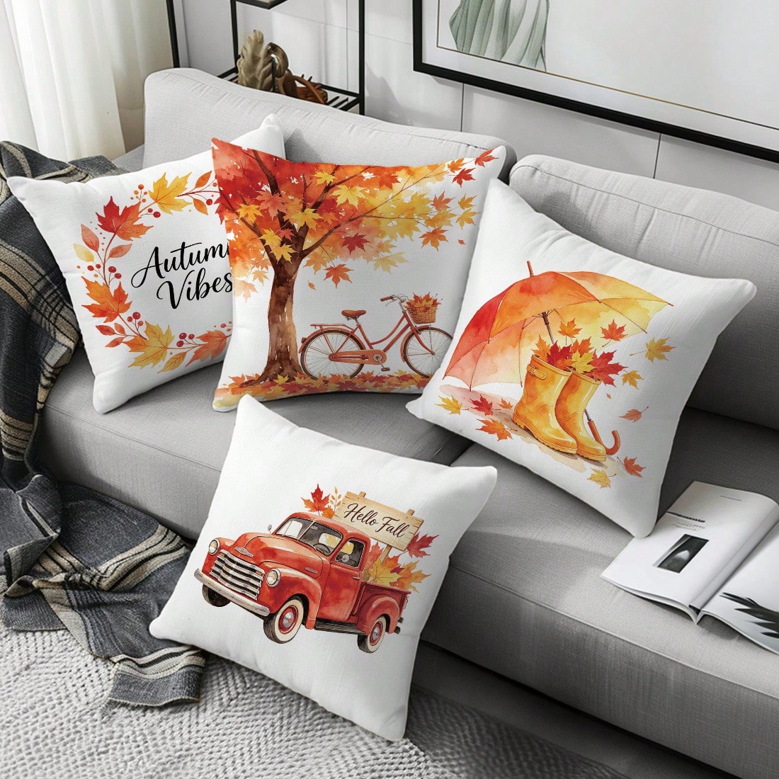 4pcs Autumn Watercolor Maple Leaf Theme Pillow Covers, Single-Sided Printed Skin-Friendly Peach Skin Velvet Material, 45*45CM Cushion Covers Suitable For Home Bedroom Living Room Room Party Decoration