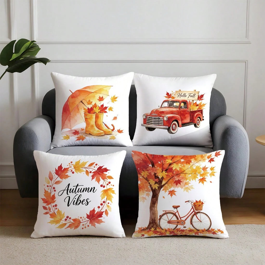 4pcs Autumn Watercolor Maple Leaf Theme Pillow Covers, Single-Sided Printed Skin-Friendly Peach Skin Velvet Material, 45*45CM Cushion Covers Suitable For Home Bedroom Living Room Room Party Decoration