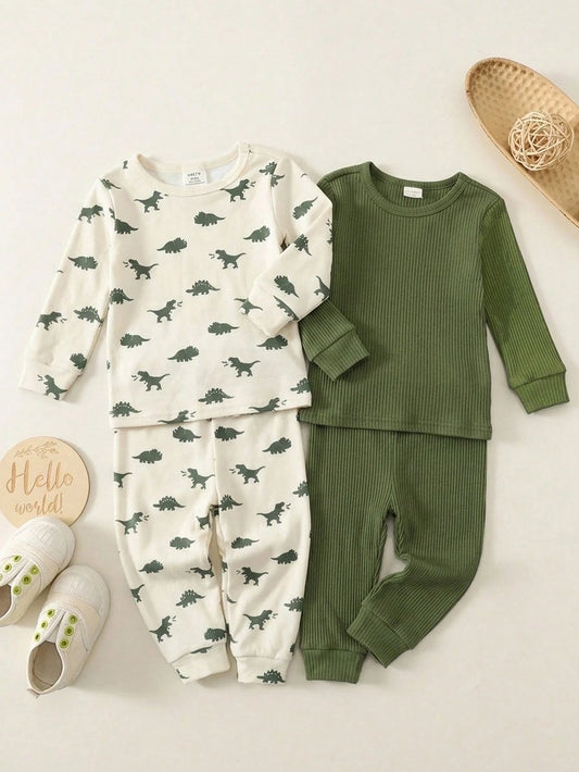 4pcs Baby Boy Baby Girl Toddler Boy Nug Fit Spring Autumn Winter Cute Dinosaur & Animal Pattern Round Neck Long Sleeve Top + Pants Soft Comfortable Tight Fit Pajamas Loungewear Set