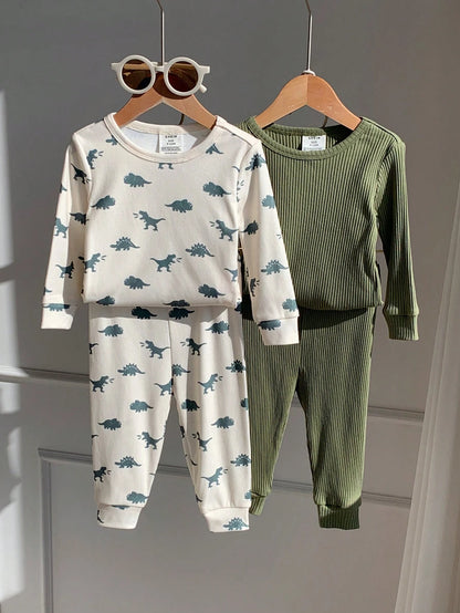 4pcs Baby Boy Baby Girl Toddler Boy Nug Fit Spring Autumn Winter Cute Dinosaur & Animal Pattern Round Neck Long Sleeve Top + Pants Soft Comfortable Tight Fit Pajamas Loungewear Set