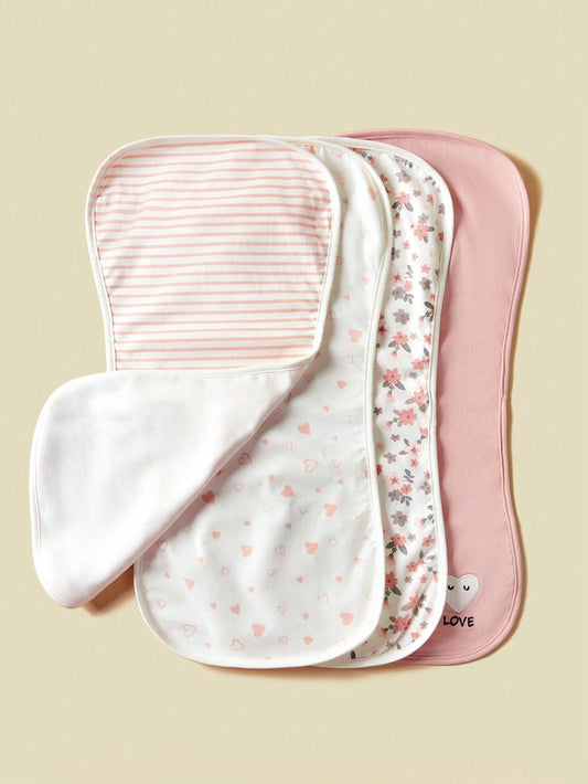 4pcs Baby Burp Cloths, Floral, Heart And Striped Design