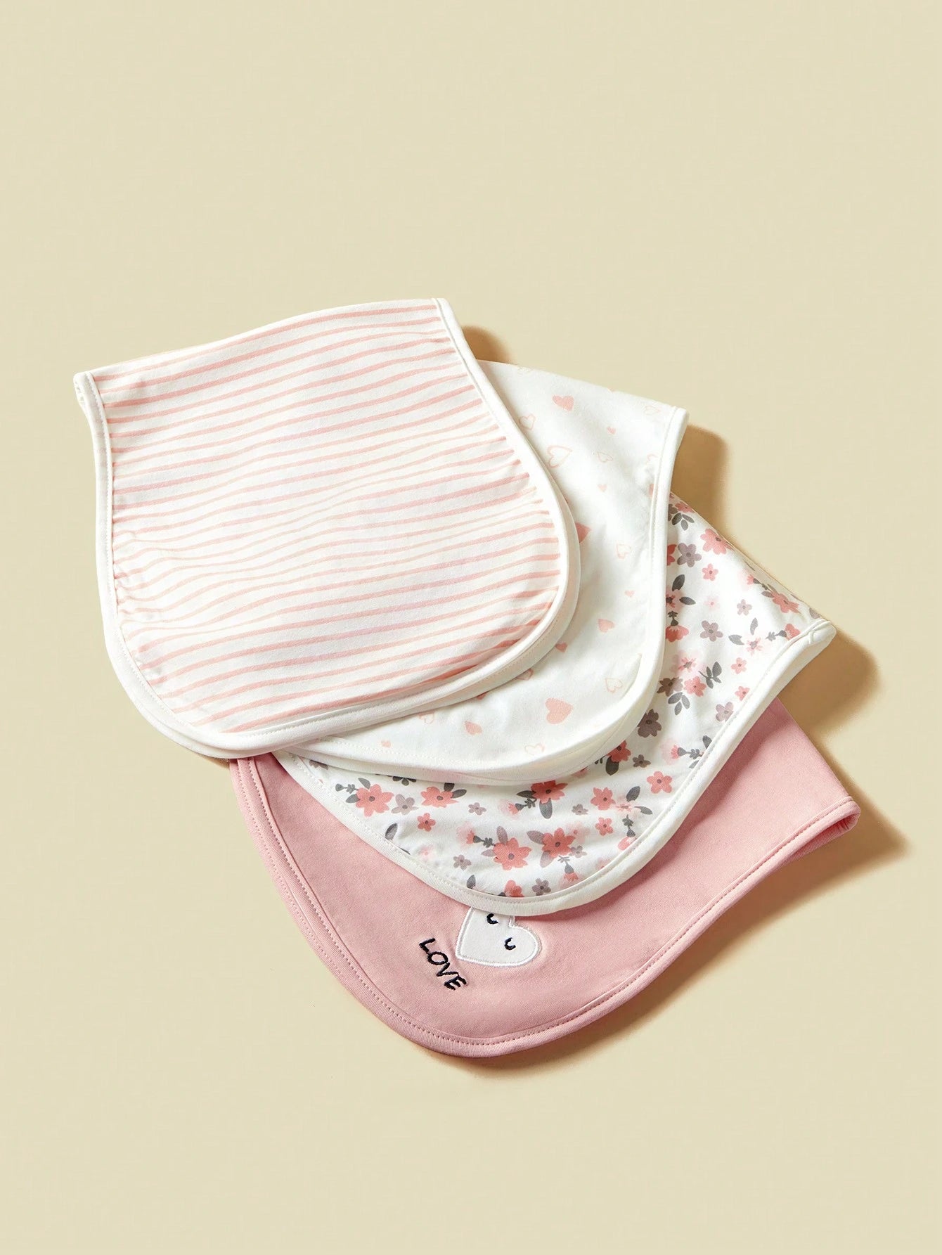 4pcs Baby Burp Cloths, Floral, Heart And Striped Design