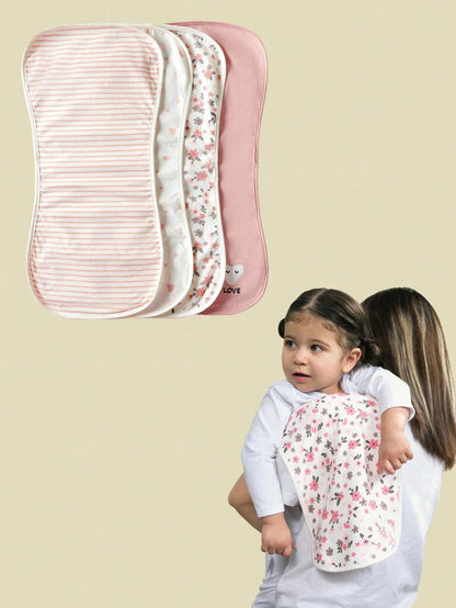 4pcs Baby Burp Cloths, Floral, Heart And Striped Design