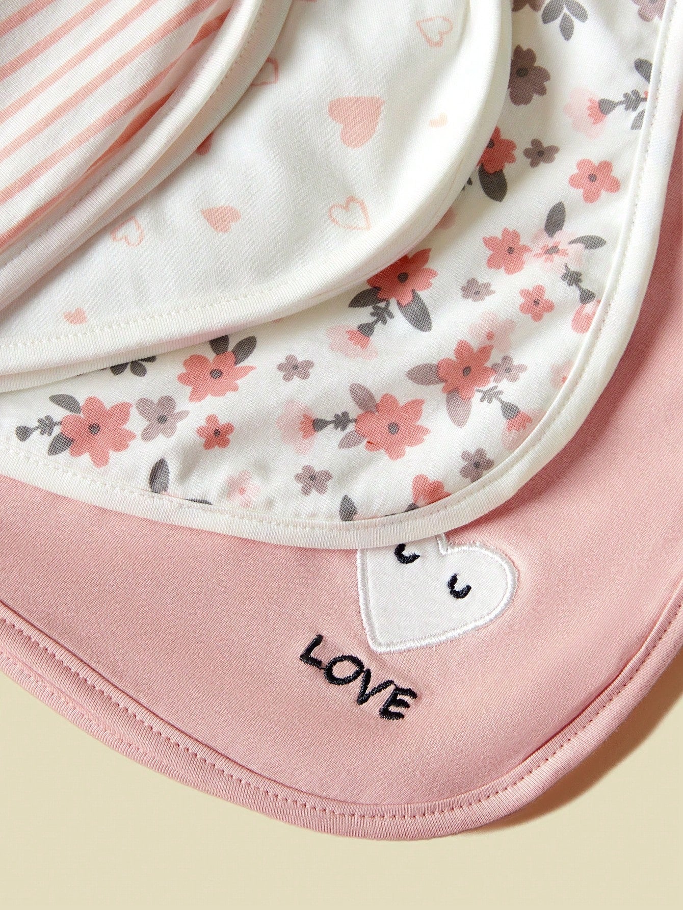 4pcs Baby Burp Cloths, Floral, Heart And Striped Design