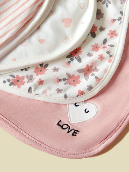 4pcs Baby Burp Cloths, Floral, Heart And Striped Design
