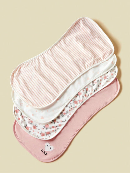 4pcs Baby Burp Cloths, Floral, Heart And Striped Design
