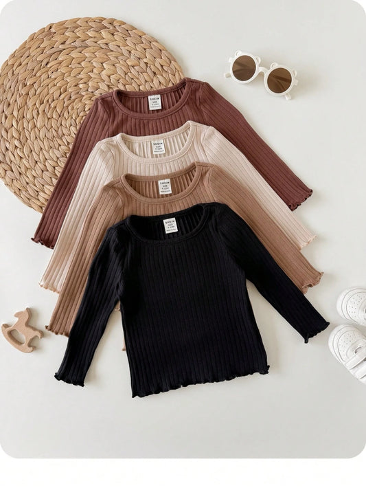 4pcs Baby Girl Casual Cute Knitted Solid Color Long Sleeve Top Set