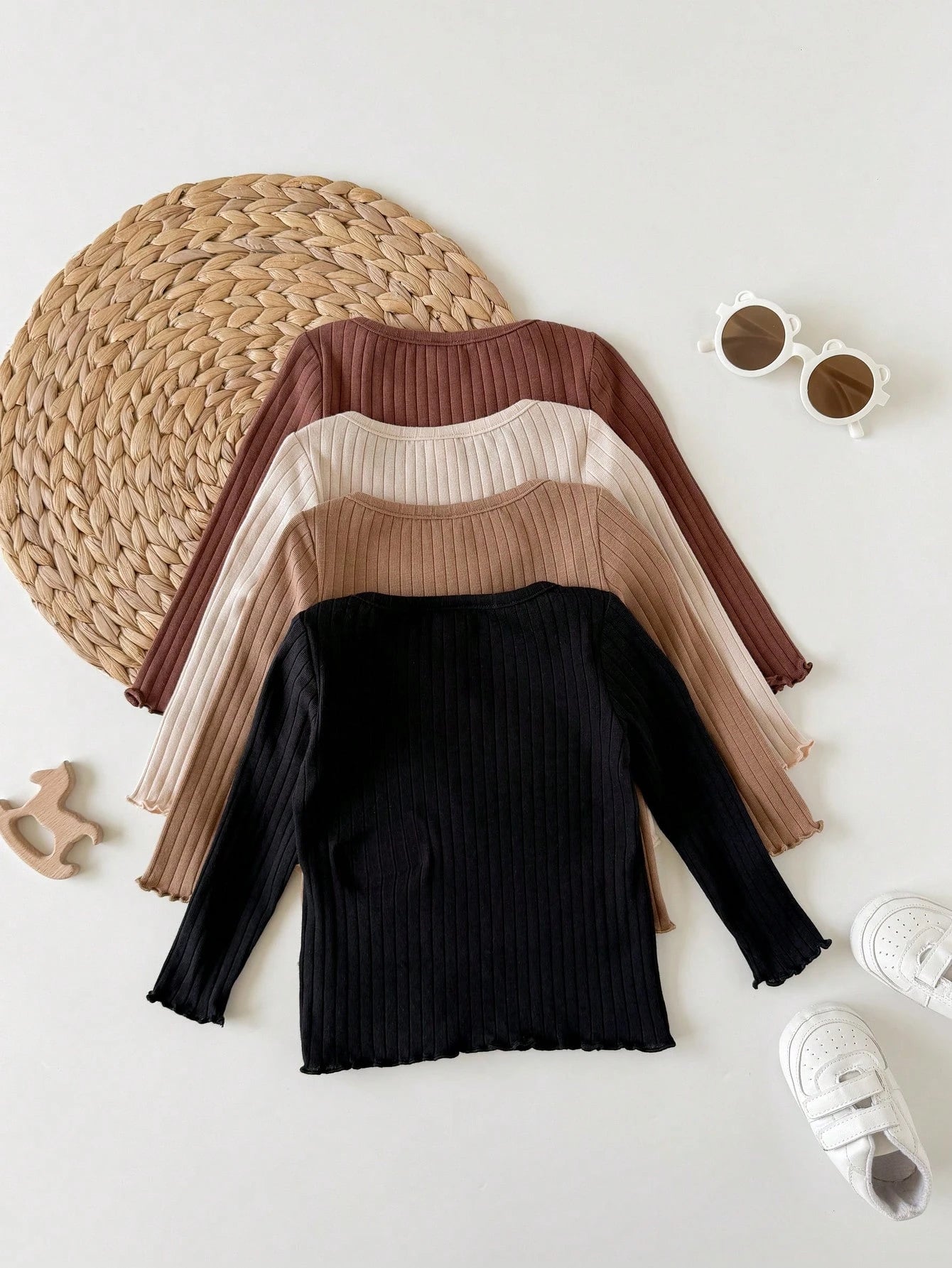 4pcs Baby Girl Casual Cute Knitted Solid Color Long Sleeve Top Set