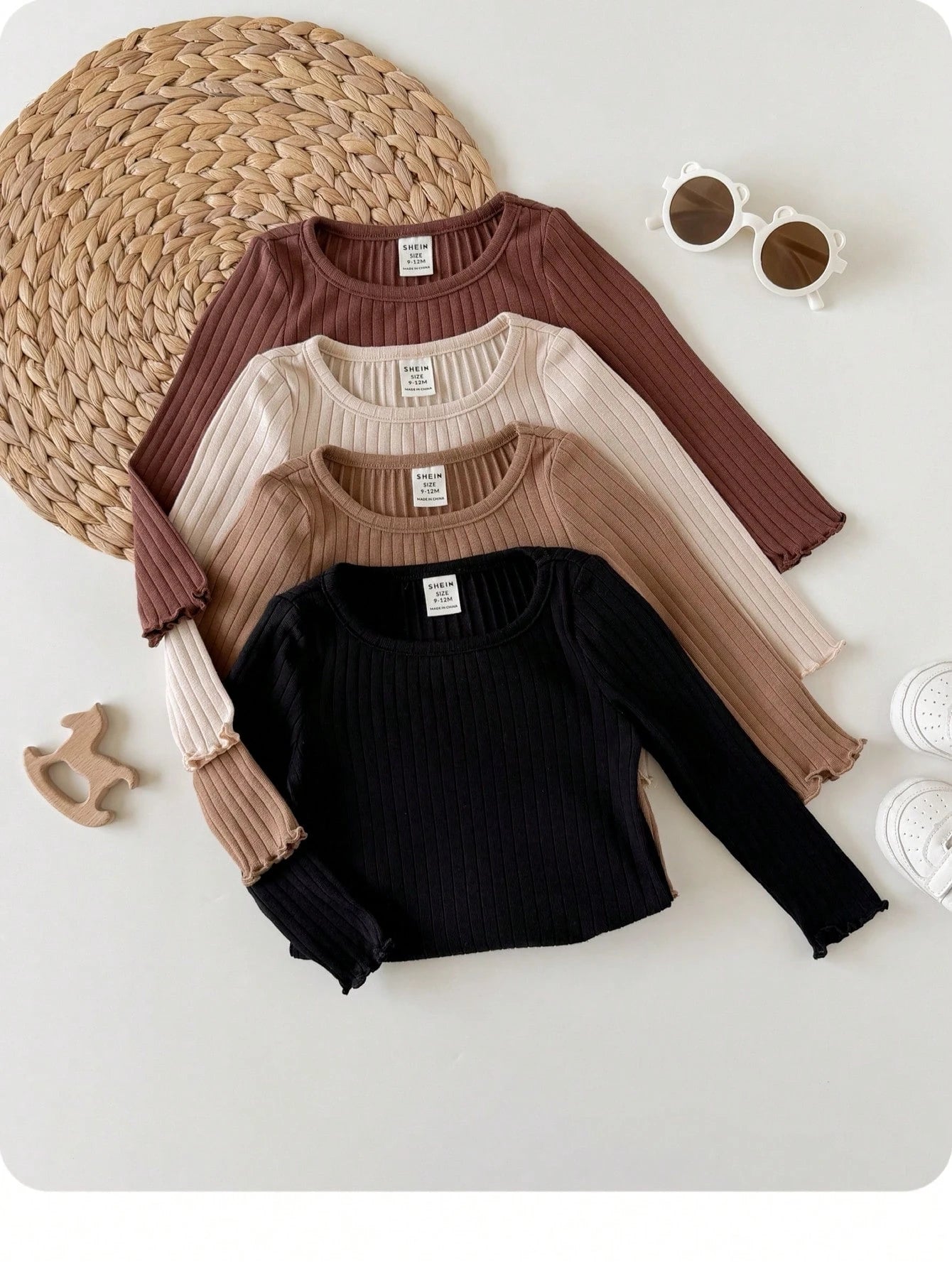 4pcs Baby Girl Casual Cute Knitted Solid Color Long Sleeve Top Set