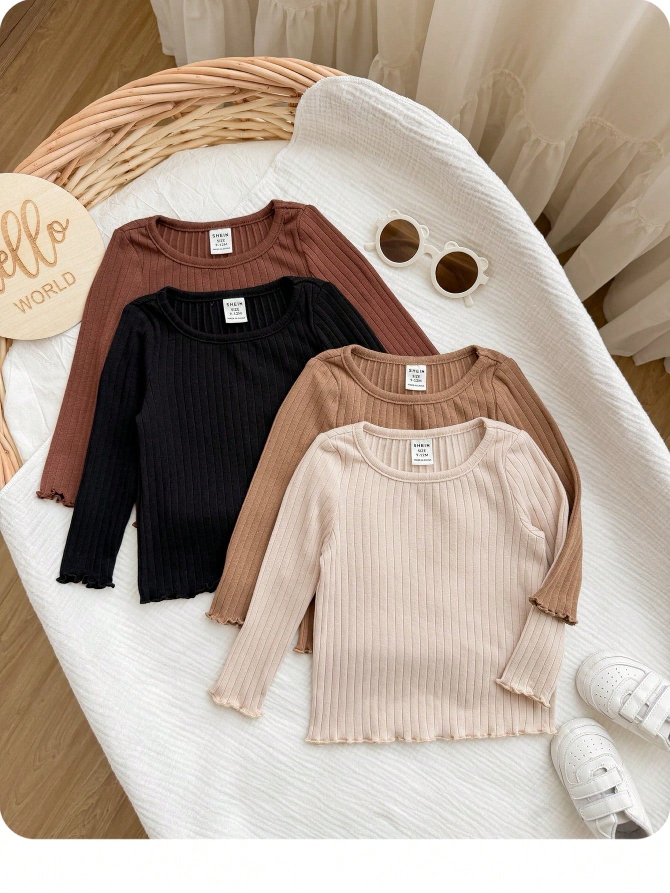 4pcs Baby Girl Casual Cute Knitted Solid Color Long Sleeve Top Set