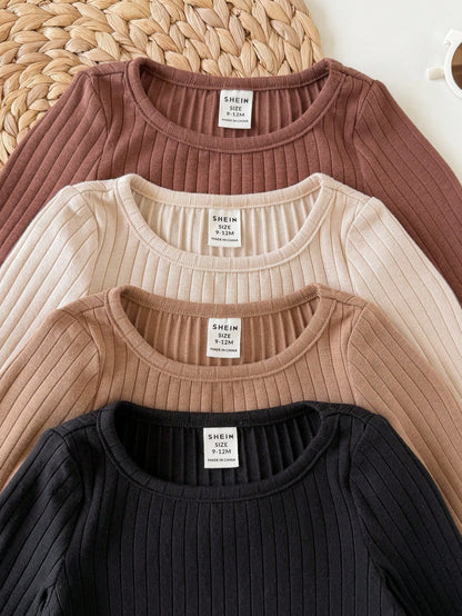 4pcs Baby Girl Casual Cute Knitted Solid Color Long Sleeve Top Set