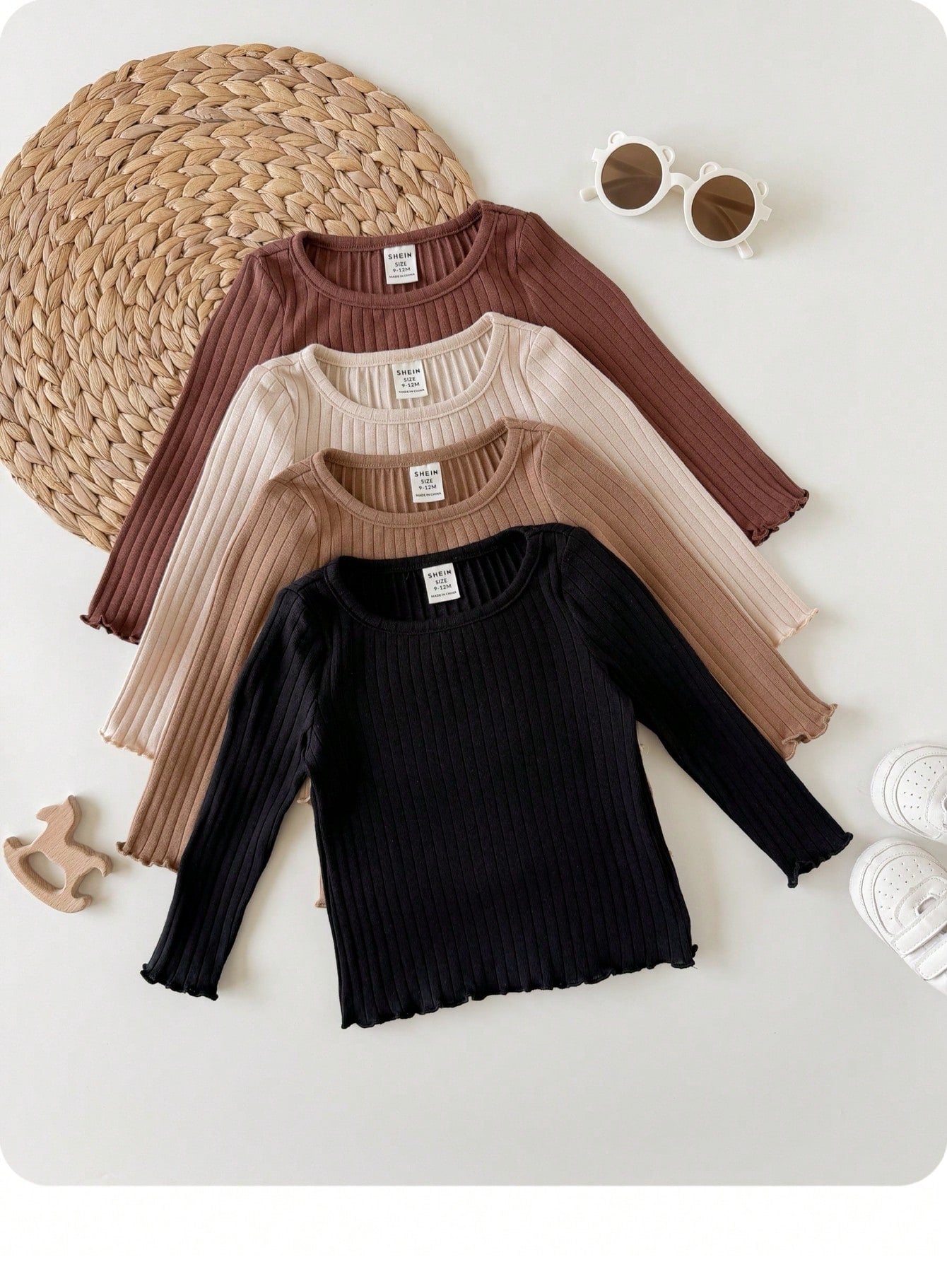 4pcs Baby Girl Casual Cute Knitted Solid Color Long Sleeve Top Set