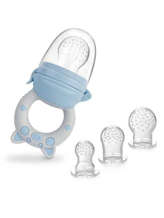 4pcs Baby/Toddler Fruit & Vegetable Feeding Set, With Handles, Supplementary Feeding Utensils, Includes 3 Different Size Nipples & Cartoon Pig Teether