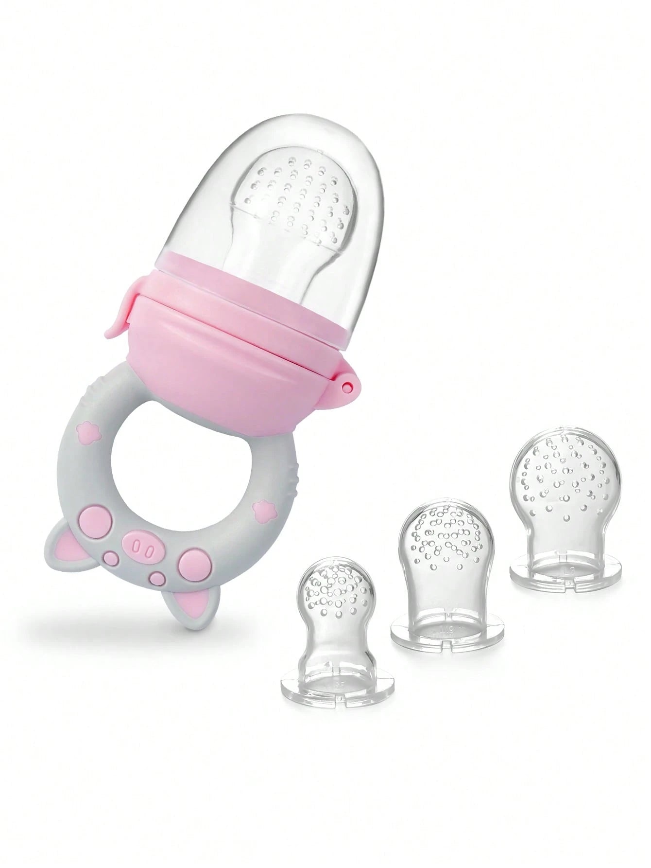 4pcs Baby/Toddler Fruit & Vegetable Feeding Set, With Handles, Supplementary Feeding Utensils, Includes 3 Different Size Nipples & Cartoon Pig Teether