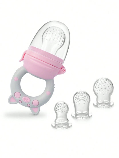 4pcs Baby/Toddler Fruit & Vegetable Feeding Set, With Handles, Supplementary Feeding Utensils, Includes 3 Different Size Nipples & Cartoon Pig Teether