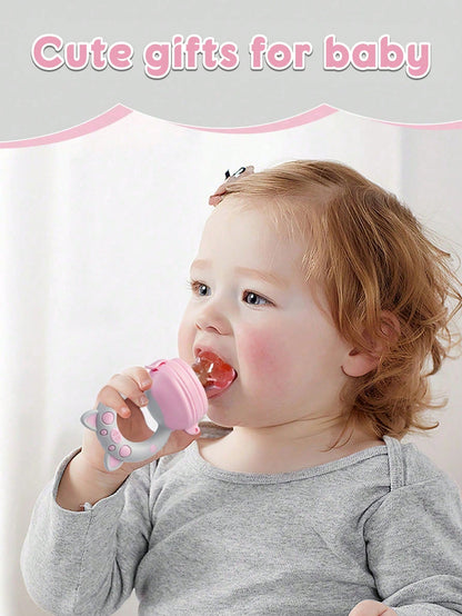 4pcs Baby/Toddler Fruit & Vegetable Feeding Set, With Handles, Supplementary Feeding Utensils, Includes 3 Different Size Nipples & Cartoon Pig Teether