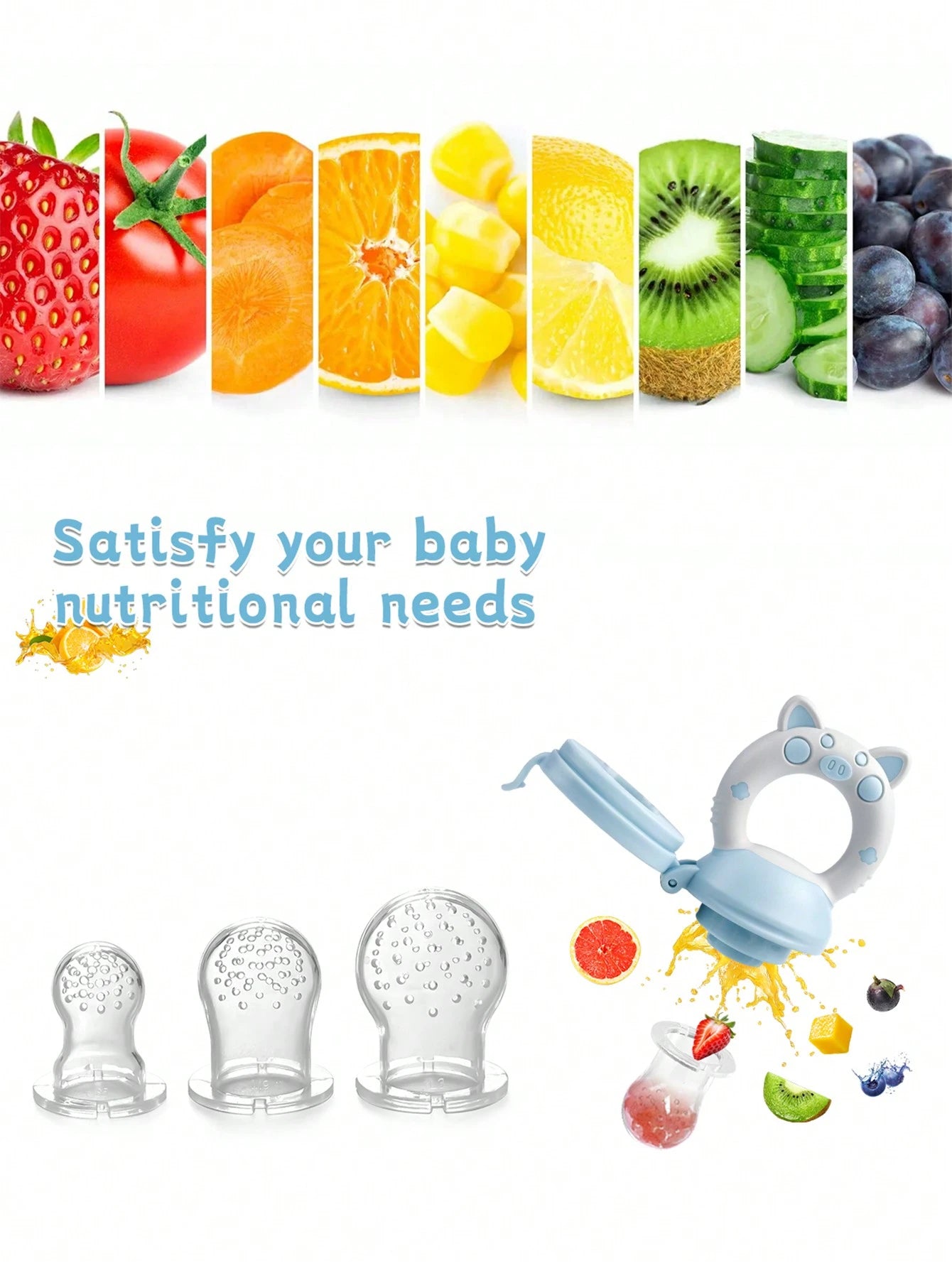 4pcs Baby/Toddler Fruit & Vegetable Feeding Set, With Handles, Supplementary Feeding Utensils, Includes 3 Different Size Nipples & Cartoon Pig Teether