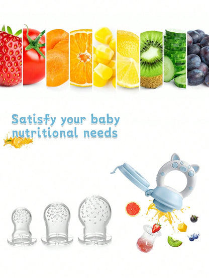 4pcs Baby/Toddler Fruit & Vegetable Feeding Set, With Handles, Supplementary Feeding Utensils, Includes 3 Different Size Nipples & Cartoon Pig Teether