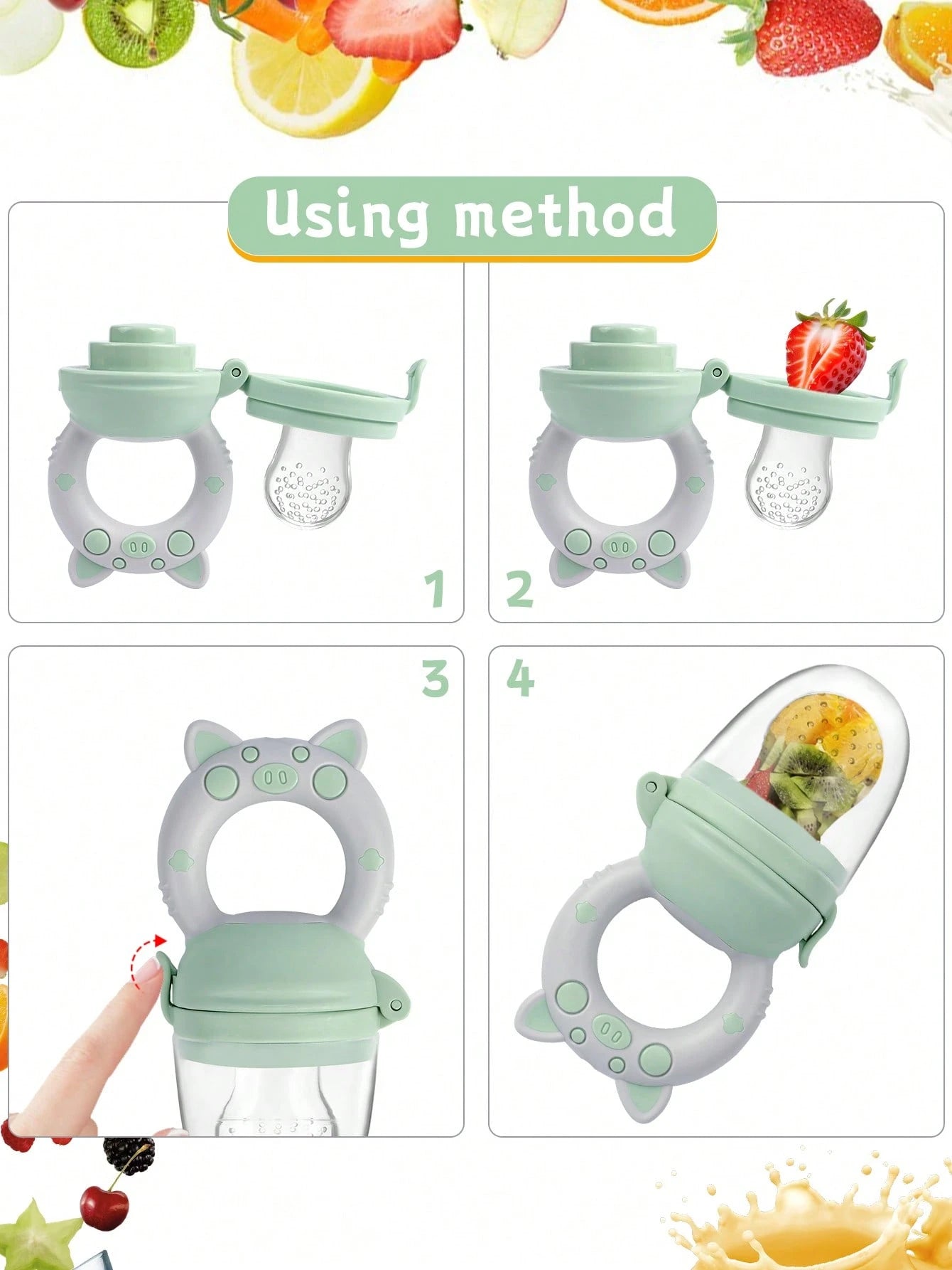 4pcs Baby/Toddler Fruit & Vegetable Feeding Set, With Handles, Supplementary Feeding Utensils, Includes 3 Different Size Nipples & Cartoon Pig Teether