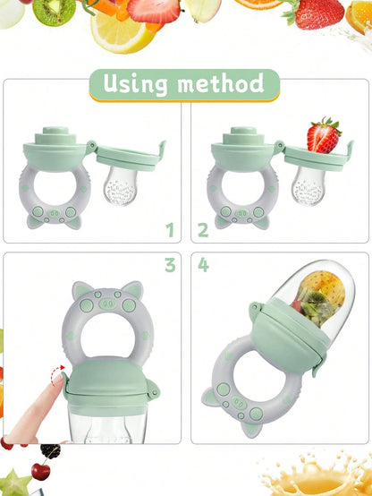 4pcs Baby/Toddler Fruit & Vegetable Feeding Set, With Handles, Supplementary Feeding Utensils, Includes 3 Different Size Nipples & Cartoon Pig Teether
