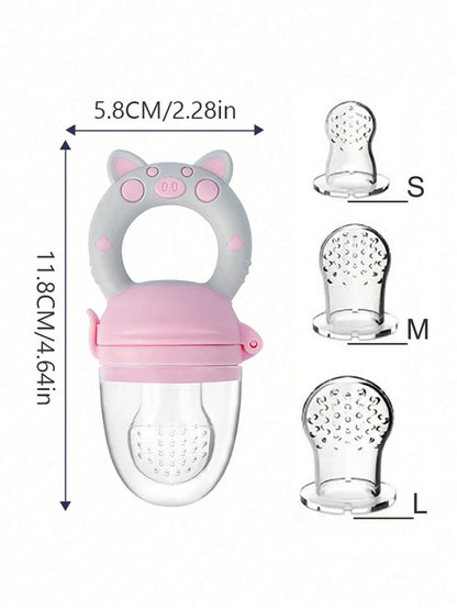 4pcs Baby/Toddler Fruit & Vegetable Feeding Set, With Handles, Supplementary Feeding Utensils, Includes 3 Different Size Nipples & Cartoon Pig Teether