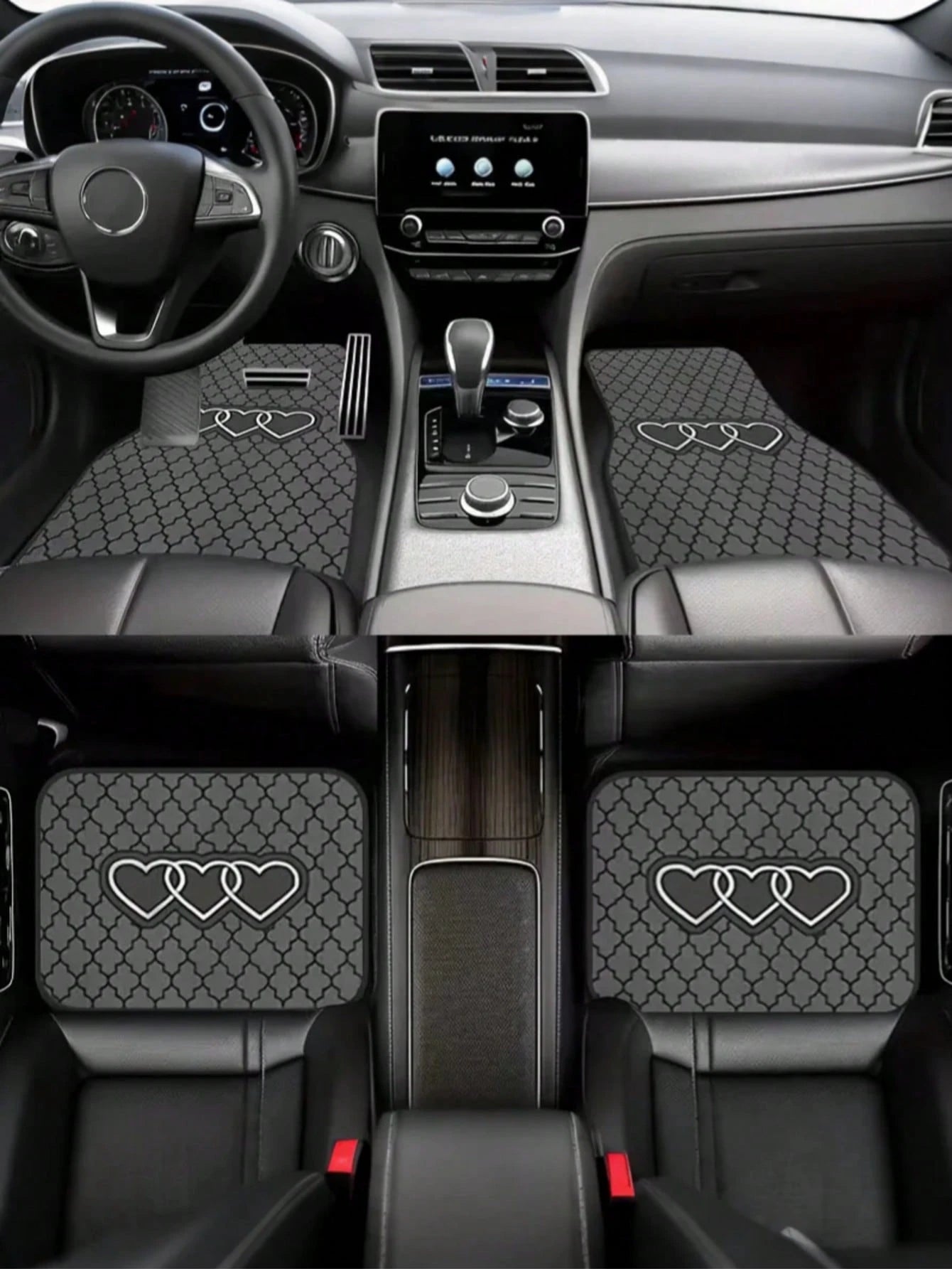 4pcs Black & Gray Geometric Heart Car Floor Mats| 2D Flat Design, Durable All-Weather Polyester Material, Easy To Clean| Suitable For Sedan & SUV, Fashionable Interior Accessory, Perfect Gift