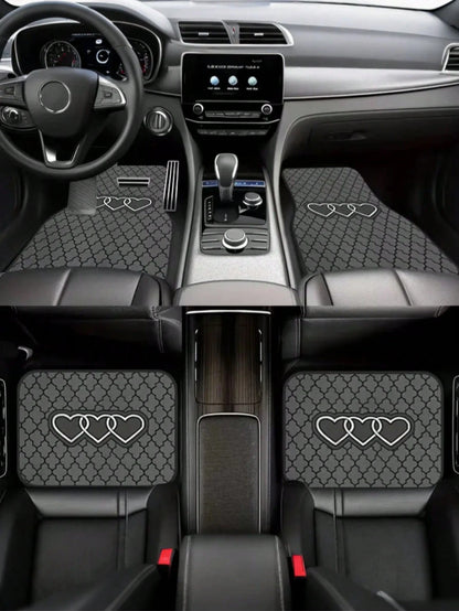 4pcs Black & Gray Geometric Heart Car Floor Mats| 2D Flat Design, Durable All-Weather Polyester Material, Easy To Clean| Suitable For Sedan & SUV, Fashionable Interior Accessory, Perfect Gift